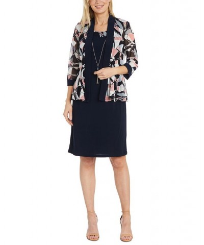 Women's Printed-Trim Dress Printed Jacket & Removable Necklace Navy/pink $50.14 Dresses