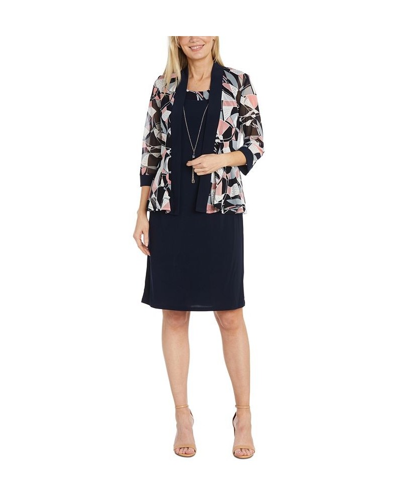 Women's Printed-Trim Dress Printed Jacket & Removable Necklace Navy/pink $50.14 Dresses