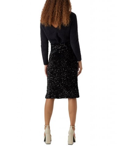 Women's High-Waisted Sequined Midi Skirt Black $32.10 Skirts