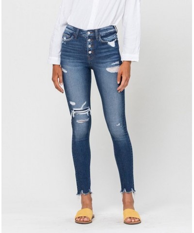 Women's High Rise Patched Button Up Distressed Raw Hem Ankle Skinny Jeans Medium Blue $32.78 Jeans