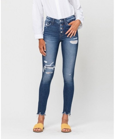 Women's High Rise Patched Button Up Distressed Raw Hem Ankle Skinny Jeans Medium Blue $32.78 Jeans