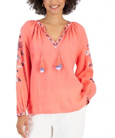 Women's Linen Embroidered Peasant Top Tuscon Coral $14.10 Tops