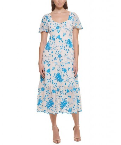Women's Embroidered Chiffon Midi Dress Ivory Blue $43.20 Dresses