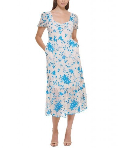 Women's Embroidered Chiffon Midi Dress Ivory Blue $43.20 Dresses
