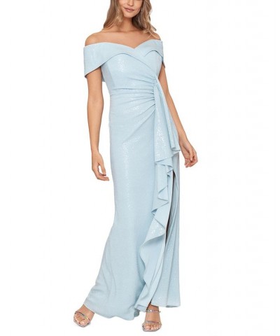Women's Sequin-Detail Off-The-Shoulder Gown Sky Blue $148.05 Dresses