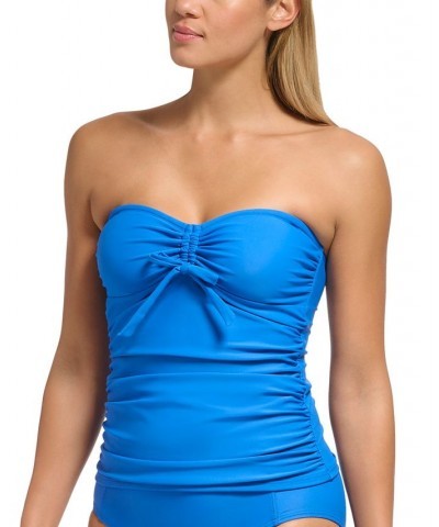 Women's Solid Bandeau Bow-Front Removable-Strap Tankini Top Blue $45.08 Swimsuits