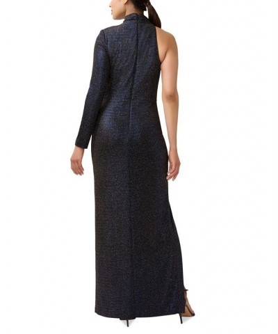 Women's Mock-Neck One-Sleeve Metallic Gown Violet Cobalt $57.33 Dresses