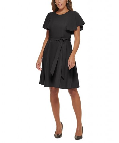 Women's Flutter-Sleeve Belted A-Line Dress Black $47.26 Dresses