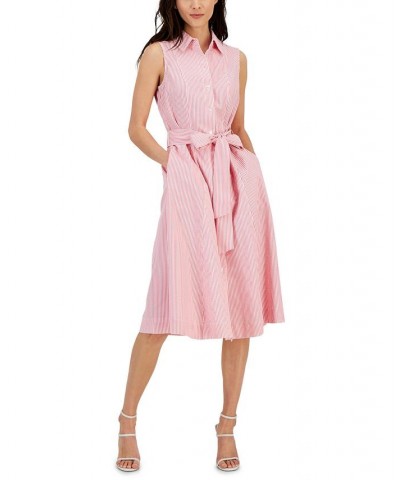 Women's Sleeveless Seersucker Belted Shirt Dress Pink $62.58 Dresses