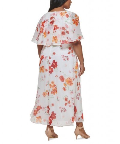 Plus Size Cape-Sleeve Floral Chiffon Dress Fire Multi $48.05 Dresses