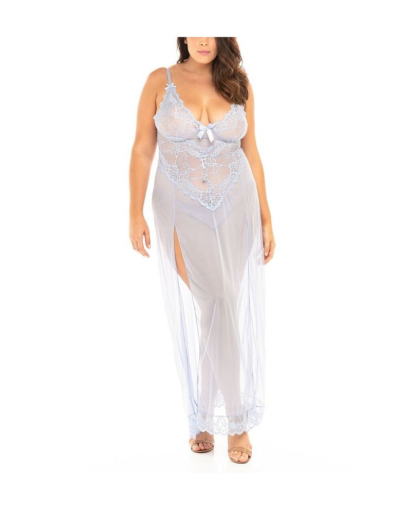 Plus Size Soft Cup Gown with Lace Detail and G-String Lingerie Set Blue $27.17 Lingerie
