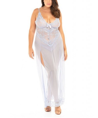 Plus Size Soft Cup Gown with Lace Detail and G-String Lingerie Set Blue $27.17 Lingerie