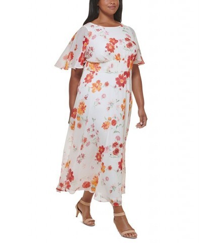 Plus Size Cape-Sleeve Floral Chiffon Dress Fire Multi $48.05 Dresses