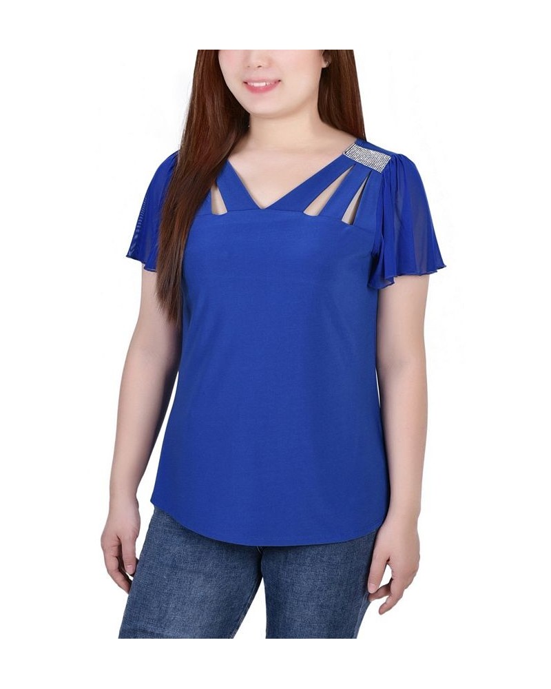 Petite Size Short Flutter Sleeve Top with Cutouts and Stones Blue $15.36 Tops