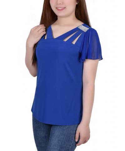 Petite Size Short Flutter Sleeve Top with Cutouts and Stones Blue $15.36 Tops