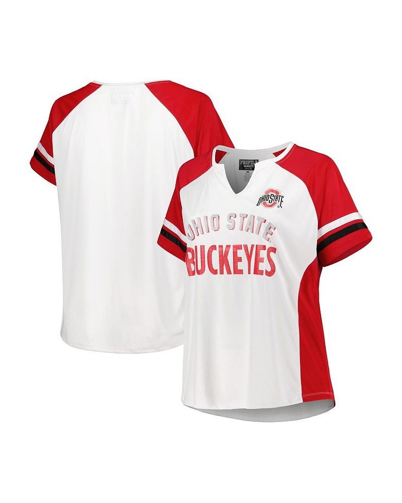 Women's White Ohio State Buckeyes Plus Size Stripe Raglan Notch Neck T-shirt White $34.79 Tops