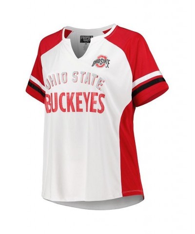 Women's White Ohio State Buckeyes Plus Size Stripe Raglan Notch Neck T-shirt White $34.79 Tops