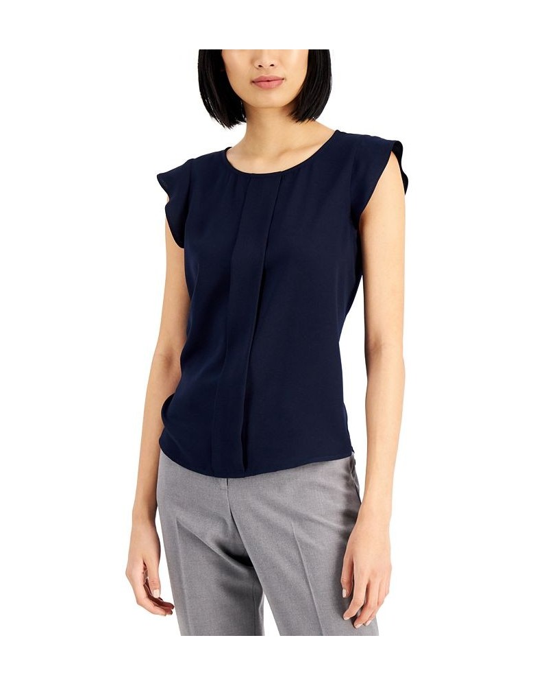 Pleated Flutter-Sleeve Top Blue $33.00 Tops