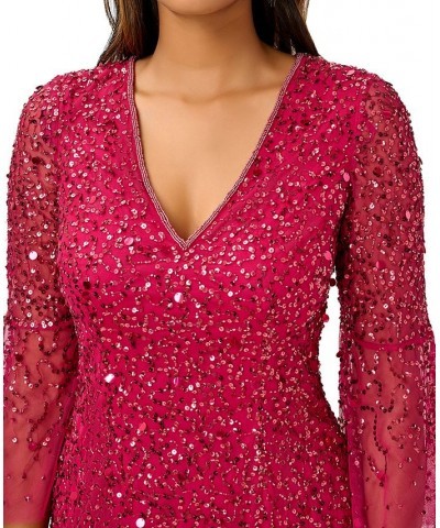 Women's Beaded Bell-Sleeve Sheath Dress Raspberry Wine $88.06 Dresses