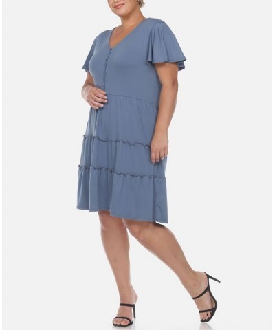 Plus Size Short Sleeve V-neck Tiered Dress Blue $37.40 Dresses