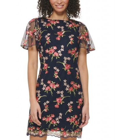 Petite Embroidered-Mesh Short-Sleeve Sheath Dress Navy Multi $41.28 Dresses
