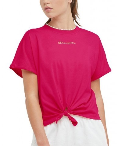 Women's Tie-Front Logo-Print T-Shirt Strawberry Rouge $18.00 Tops