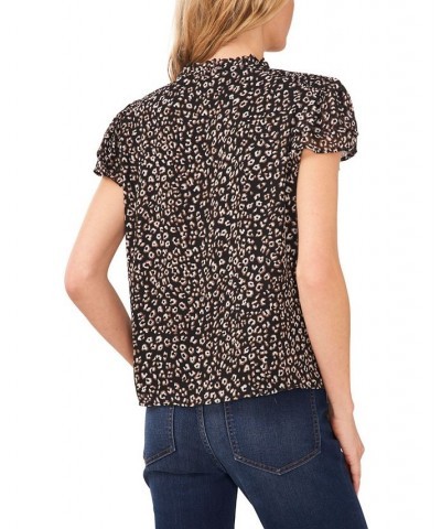 Women's Flutter-Sleeve Leopard-Print Short Sleeve Blouse Rich Black $44.50 Tops