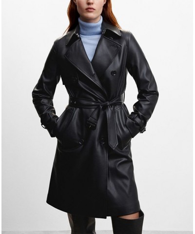 Women's Leather-Effect Trench Coat Black $54.00 Coats