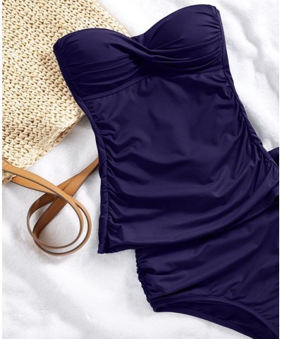 Women's Printed Twist-Front Shirred Tankini Top & Matching Bottoms Navy $42.24 Swimsuits