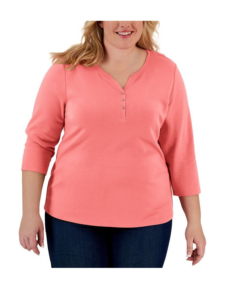 Plus Size 3/4-Sleeve Henley Top New Red Amore $8.79 Tops