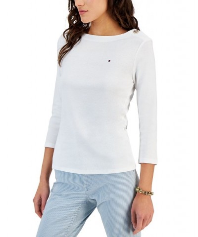 Women's Cotton 3/4-Sleeve Boat-Neck Top White $15.29 Tops