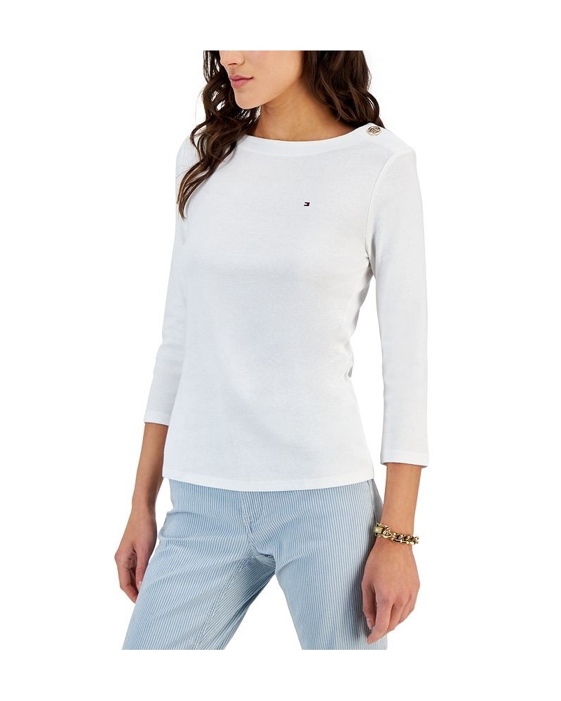 Women's Cotton 3/4-Sleeve Boat-Neck Top White $15.29 Tops