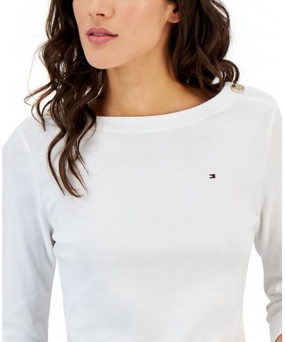 Women's Cotton 3/4-Sleeve Boat-Neck Top White $15.29 Tops