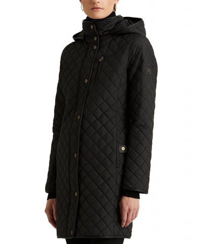 Petite Faux-Leather-Trim Hooded Quilted Coat Black $69.70 Coats