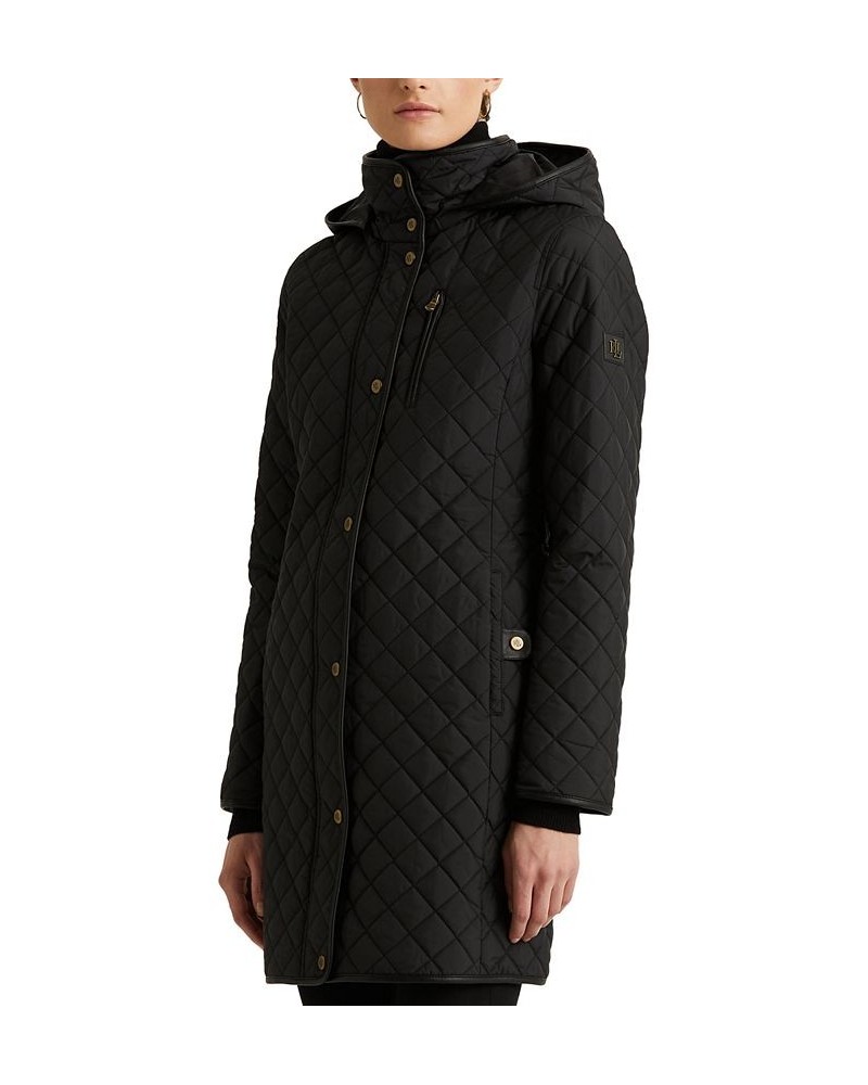 Petite Faux-Leather-Trim Hooded Quilted Coat Black $69.70 Coats