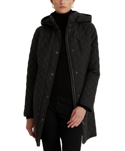 Petite Faux-Leather-Trim Hooded Quilted Coat Black $69.70 Coats