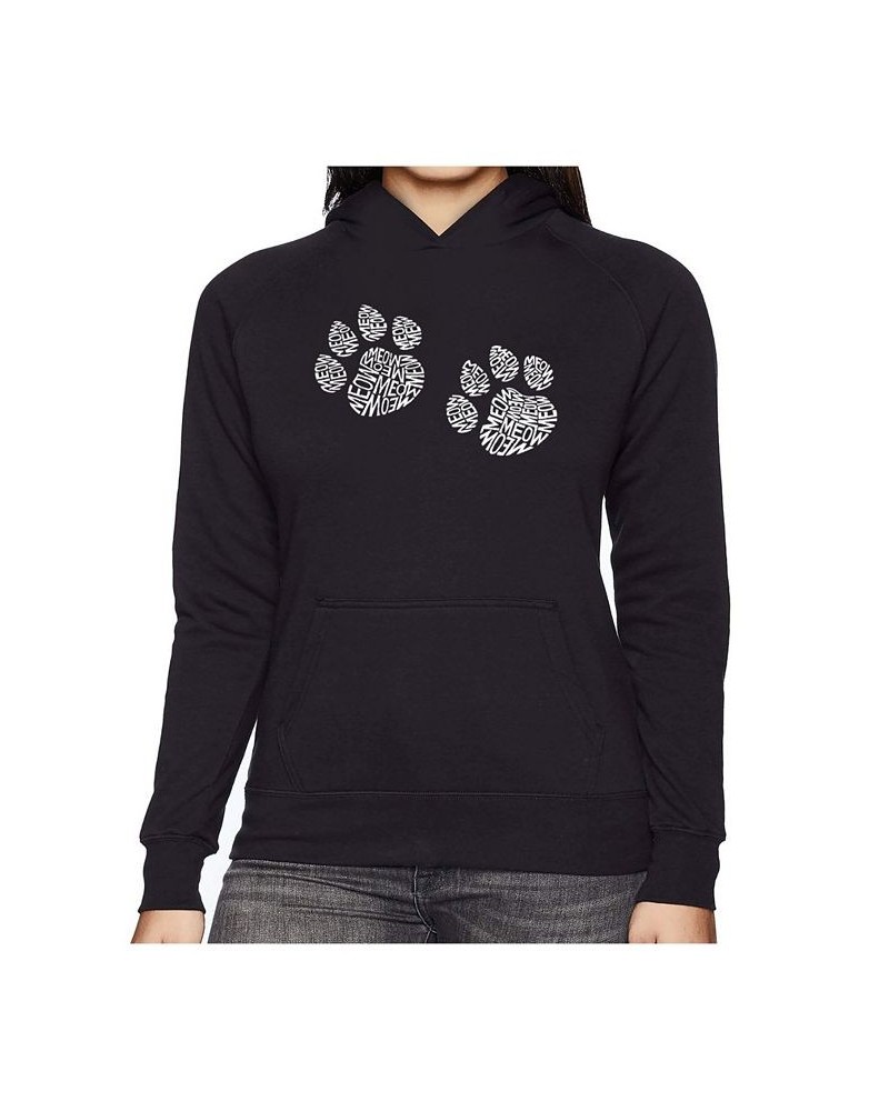 Women's Word Art Hooded Sweatshirt -Meow Cat Prints Black $29.40 Sweatshirts