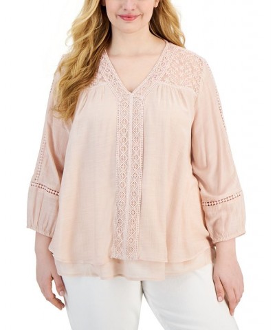 Plus Size Lace-Trim Long-Sleeve Top New Uniform Blu $19.94 Tops