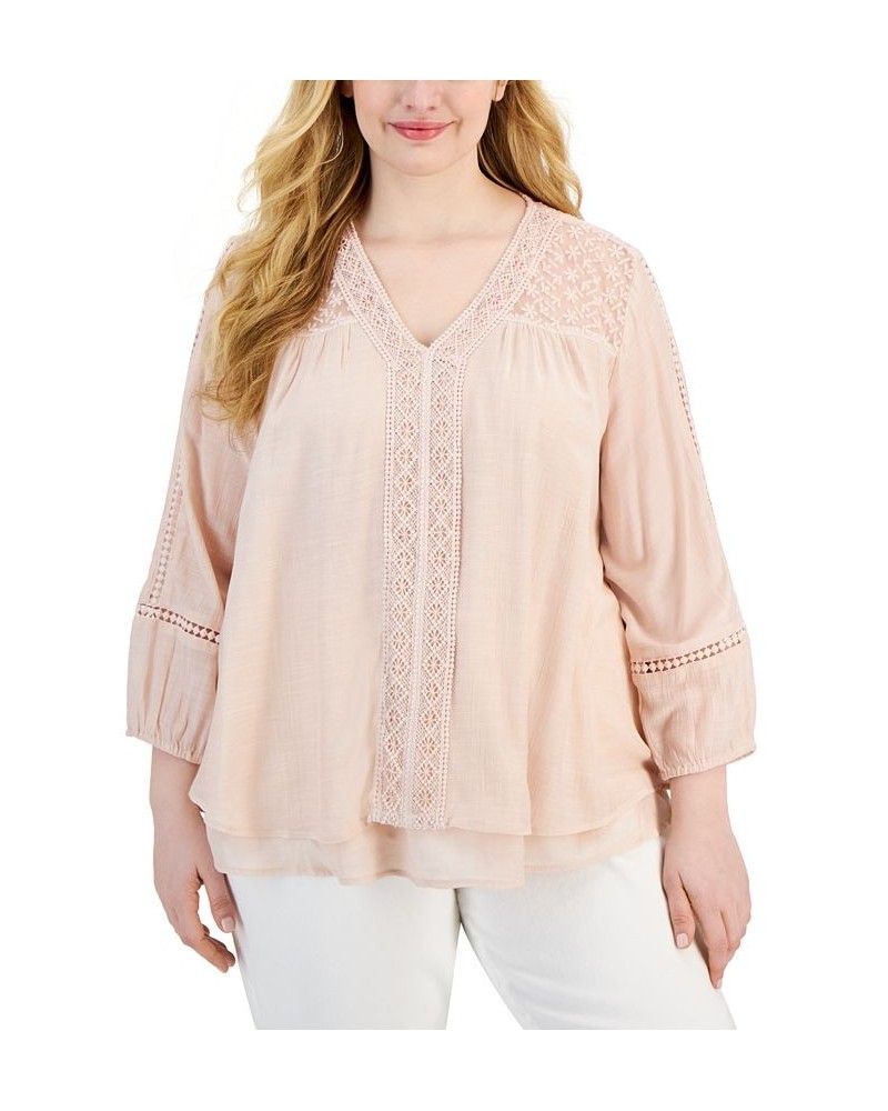 Plus Size Lace-Trim Long-Sleeve Top New Uniform Blu $19.94 Tops