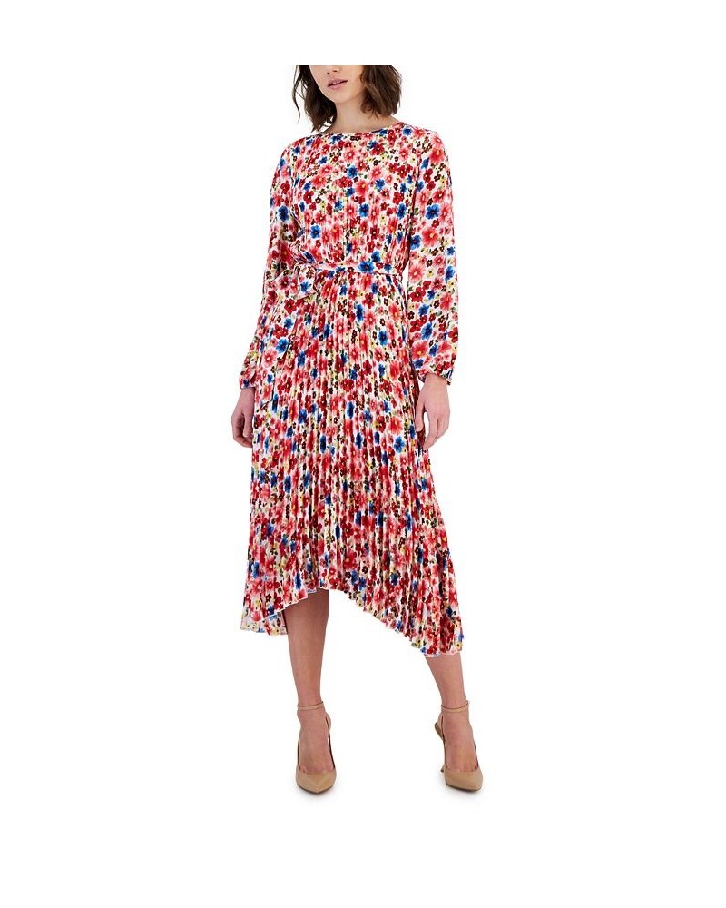 Women's Floral-Print Chiffon Pleated Asymmetrical Midi Dress Pop Floral Pink $47.40 Dresses