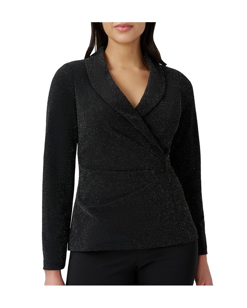 Women's Metallic-Knit Faux-Wrap Top Black $34.76 Tops