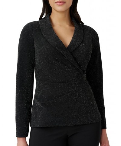 Women's Metallic-Knit Faux-Wrap Top Black $34.76 Tops