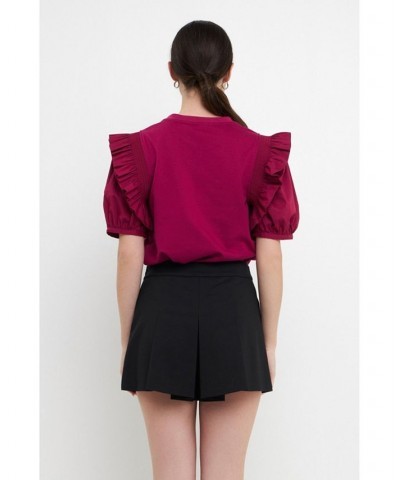 Women's Mixed Media Ruffle Blouson Top Grape $37.80 Tops