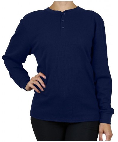 Women's Oversize Loose Fitting Waffle-Knit Henley Thermal Sweater Navy $17.64 Sweaters