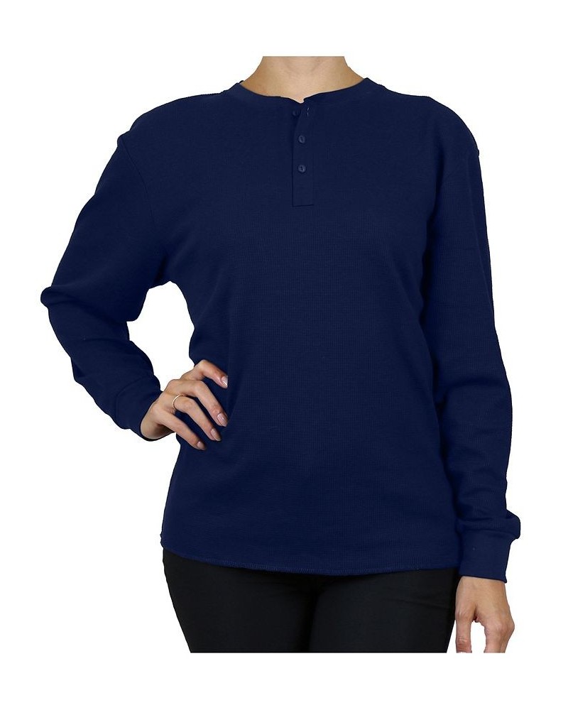 Women's Oversize Loose Fitting Waffle-Knit Henley Thermal Sweater Navy $17.64 Sweaters