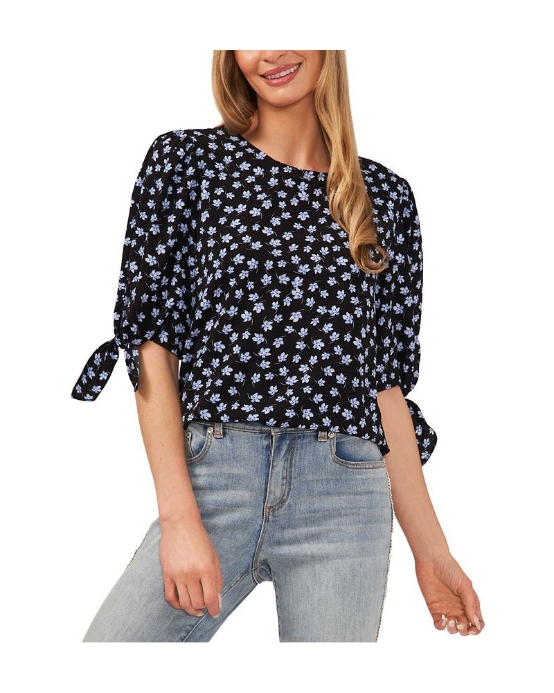 Women's Printed Tie-Sleeve Crewneck Blouse Black $33.97 Tops