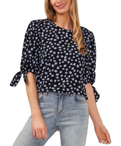 Women's Printed Tie-Sleeve Crewneck Blouse Black $33.97 Tops