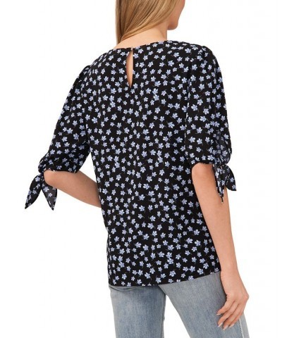 Women's Printed Tie-Sleeve Crewneck Blouse Black $33.97 Tops