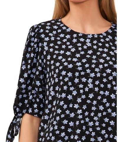 Women's Printed Tie-Sleeve Crewneck Blouse Black $33.97 Tops