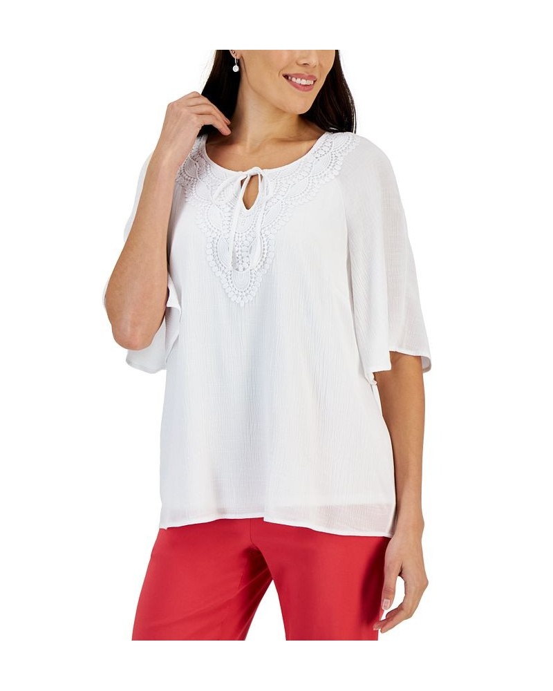 Women's Crochet Flutter-Sleeve Peasant Top White $18.76 Tops